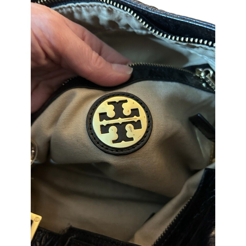 Tory Burch Black Glazed Distressed Leather Shoulder Tote Hobo Bag Gold Trim - Picture 9 of 14